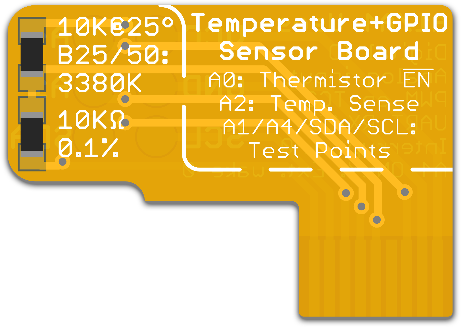 Rendering: an L-shaped flex PCB labeled “Temperature+GPIO Sensor Board”
